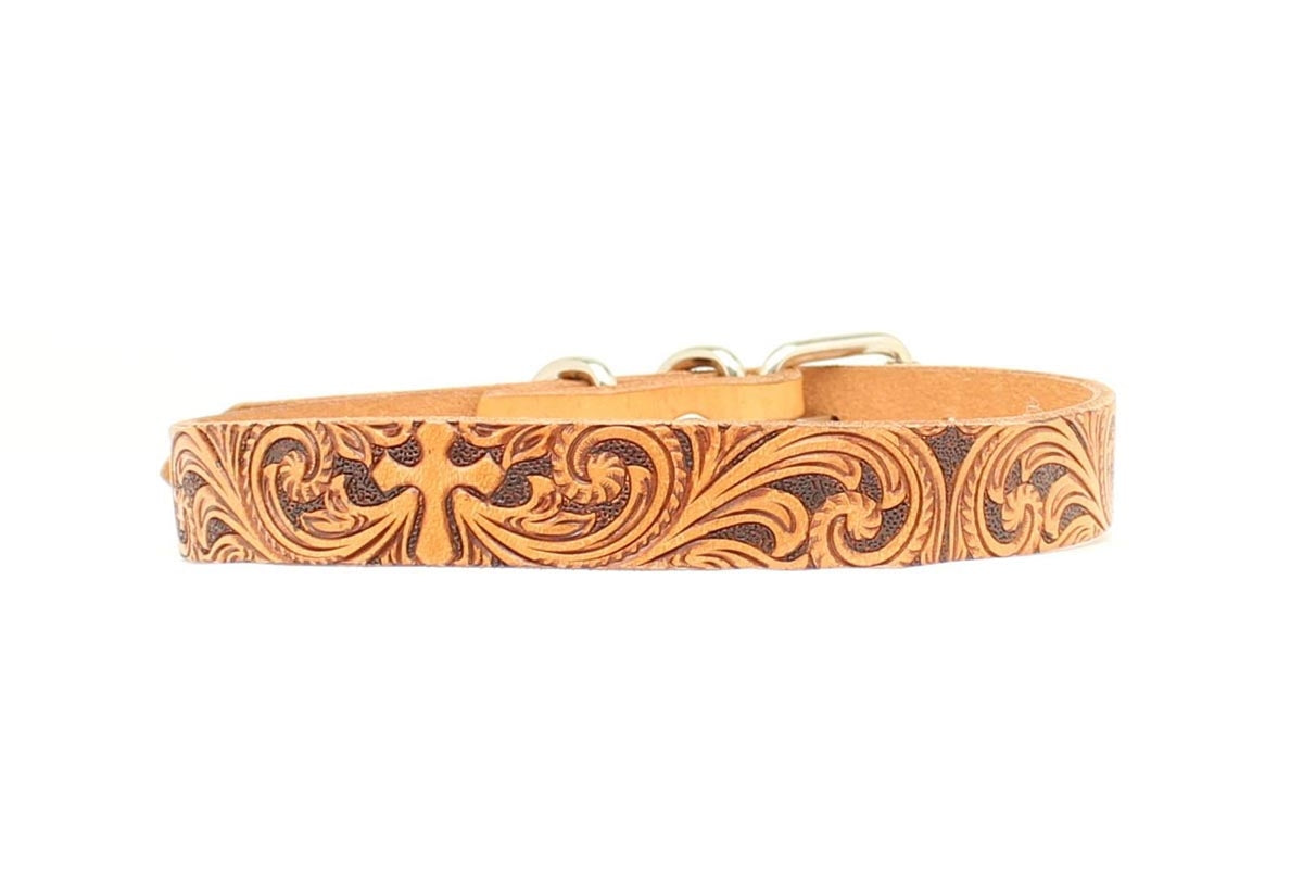 Double Barrel Tooled Leather Cross Dog Collar